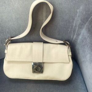 Vintage Ferragamo Canvas and faux tortoise shell buckled modern purse. Like New.